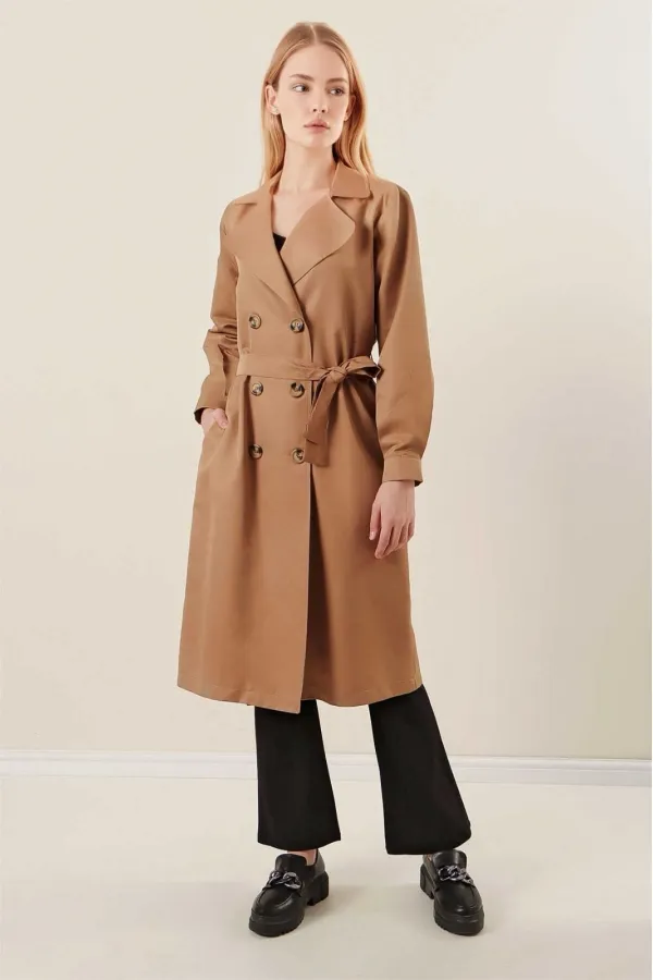 Women's Camel Double-Breasted Belted Unlined Seasonal Comfortable Trench Coat HZL22S-BD158531