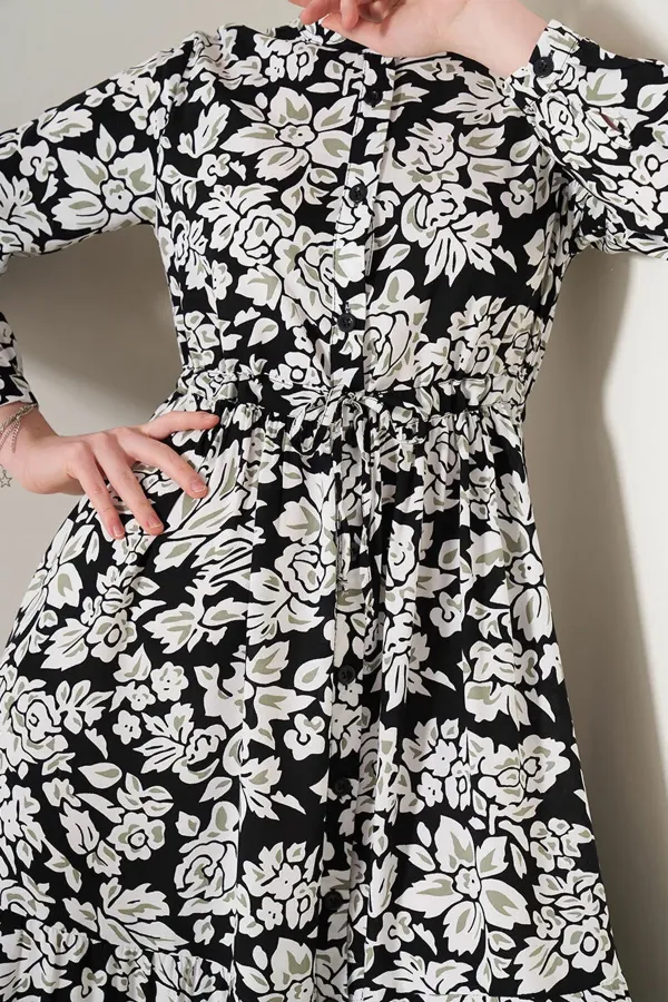 Kadın Siyah Desenli Hakim Yaka Yazlık Uzun Elbise HZL25W-BD122971