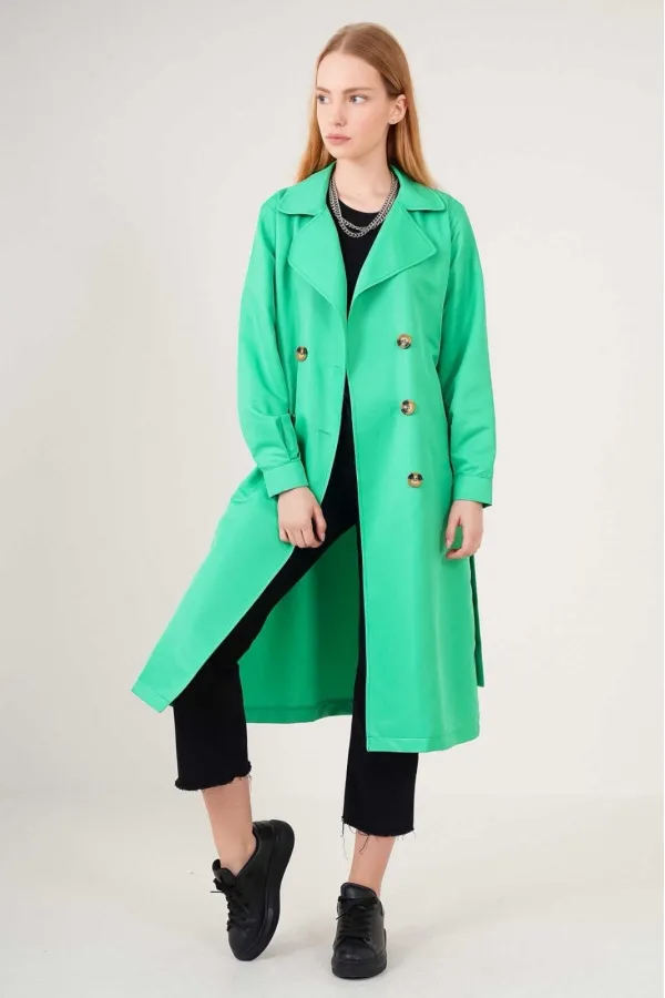 Women's Green Double-Breasted Belted Unlined Seasonal Casual Trench Coat HZL22S-BD158531