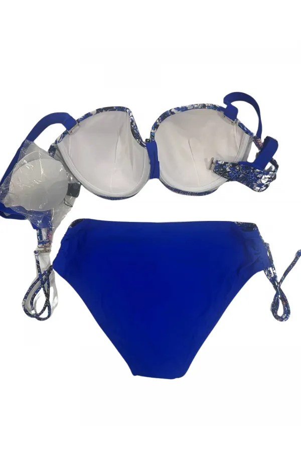 Kadın Mavi Çiçek Desenli Büyük Beden Astarlı Lacivert Bikini Takım HZL25S-LC3301