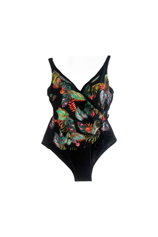 Women's Black Feather Pattern V-Neck Side Sash Swimsuit HZL25S-LC4007
