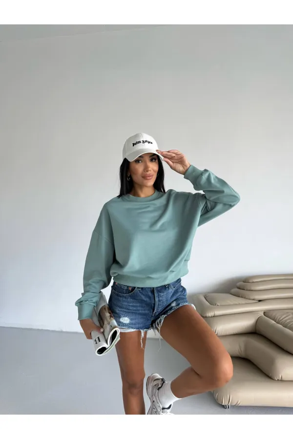 Women's Çağla Green Crew Neck 2 Thread Sweatshirt HZL25W-FRY123391