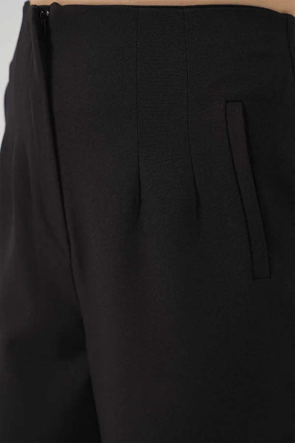 Pantalon en tissu noir taille haute zippé pour femme HZL25W-BD166501