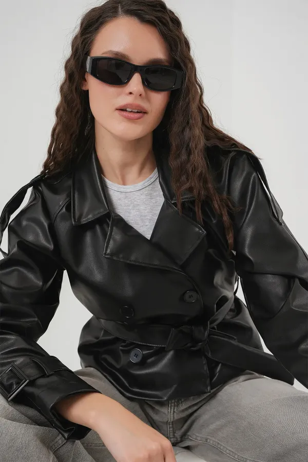 Women's Belted Faux Leather Jacket 1046 - Black