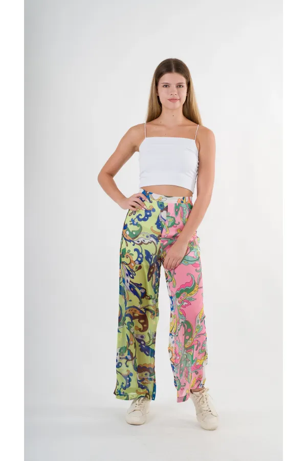 Kadın Yeşil Pembe Desenli Yüksek Bel Bol Paça Pantolon HZL22S-YY284