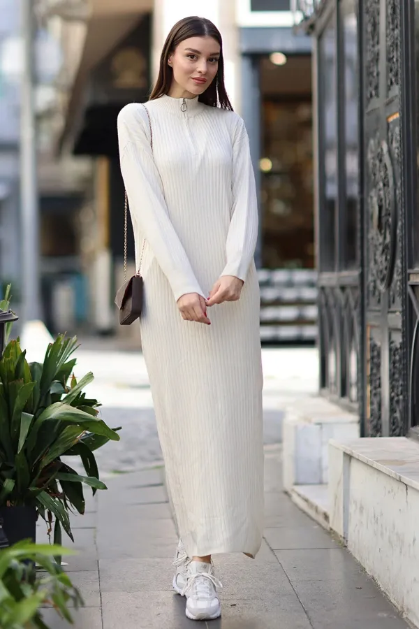 Robe mi-longue en maille côtelée à col zippé, coupe large, couleur crème, pour femme, HZL24W-BD1101831