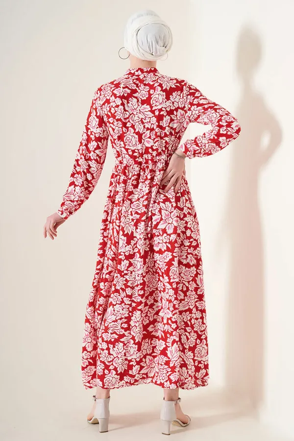 Kadın Kırmızı Desenli Hakim Yaka Yazlık Uzun Elbise HZL25W-BD122971