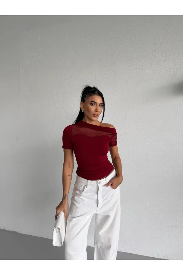 Kadın Bordo Tek Omuz Transparan Tül Detaylı Şık Sandy Bluz HZL26S-FRY123871