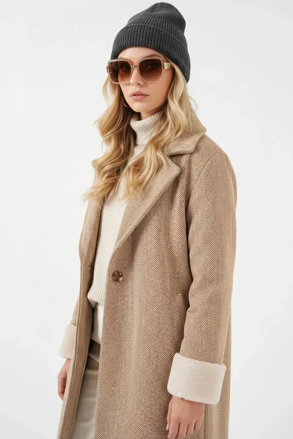 9145 Women's Furry Sleeved Herringbone Pattern Cashmere Coat - Biscuit