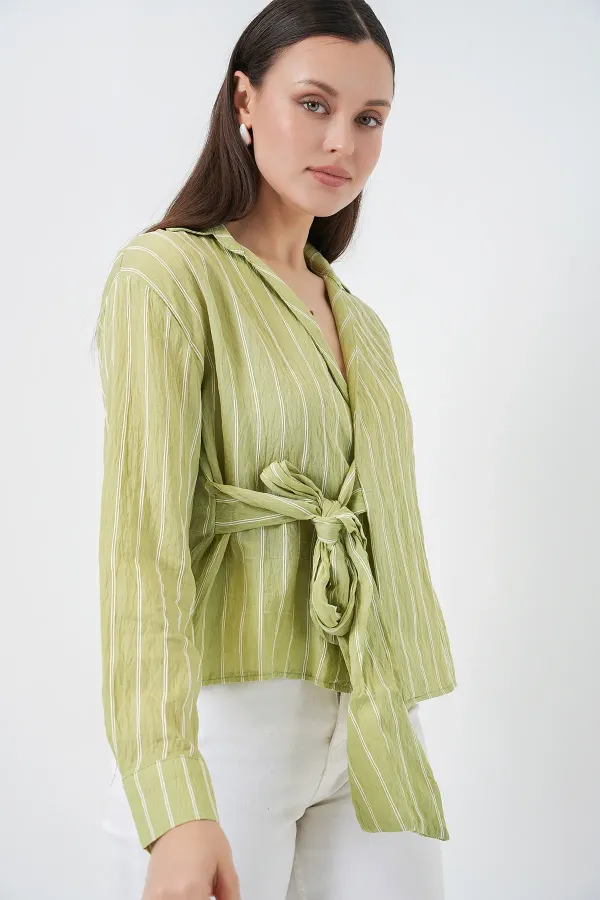 Women's Front Tie Striped Shirt 20362 - Dark Green