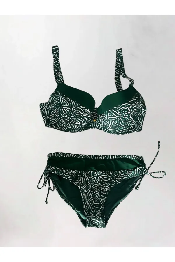 Kadın Yeşil Beyaz Desenli Büyük Beden Astarlı Bikini Takım HZL25S-LC4006
