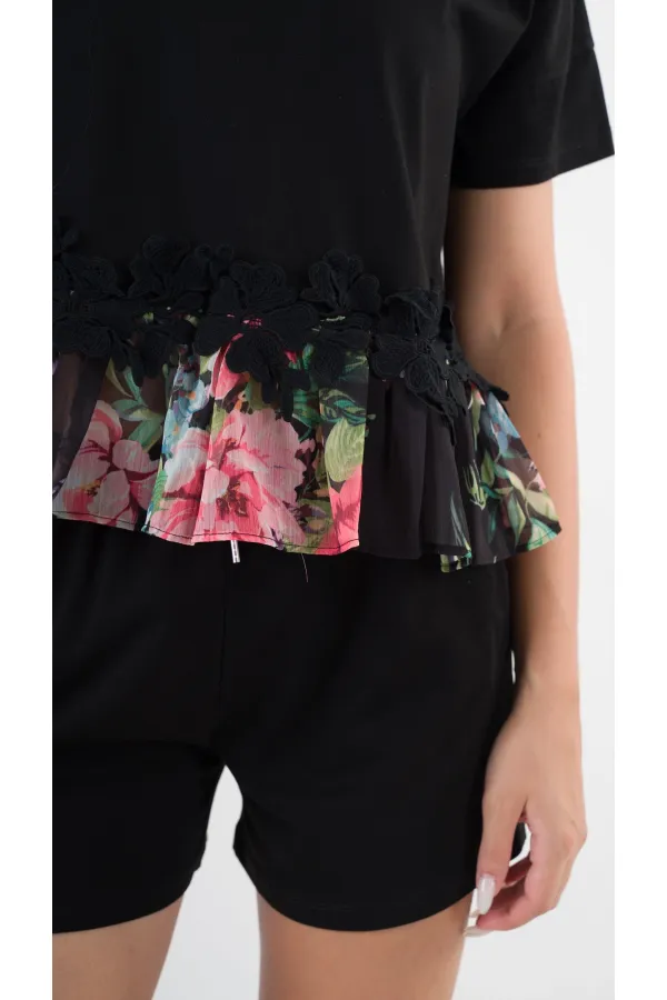 Kadın Siyah Dantel Çiçek Desenli Bisiklet Yaka Bluz HZL24S-YY256