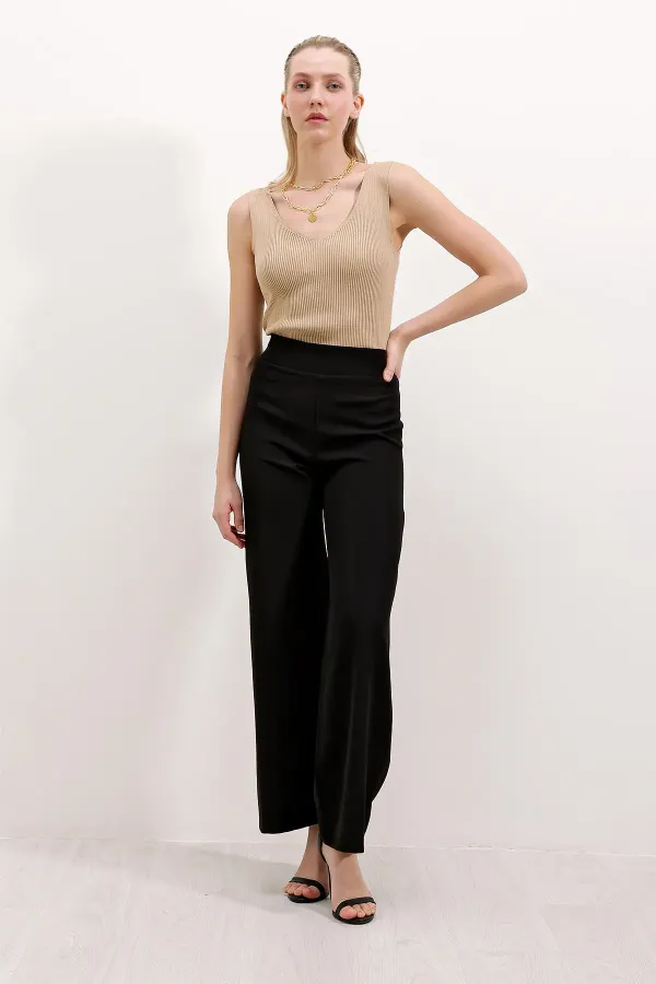 6633 High Waist Wide Leg Trousers - Black