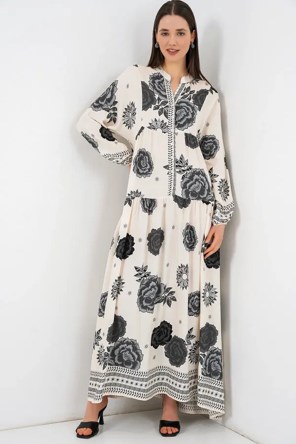 Robe longue hijab à motifs pour femme 2585 - Écru foncé