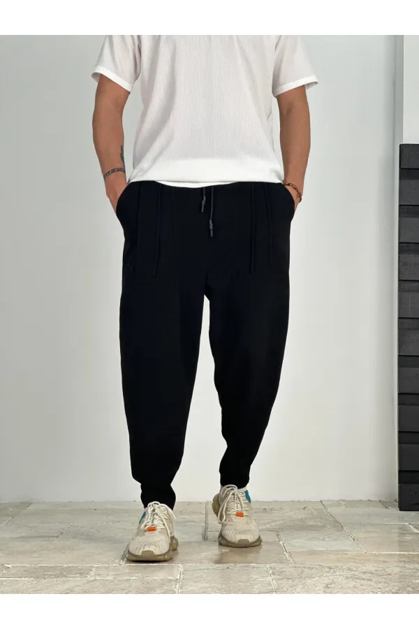 Erkek Siyah Beli İp Bağlamalı Bol Kesim Cepli Pantolon Eşofman Altı HZL24S-MXC9019-25