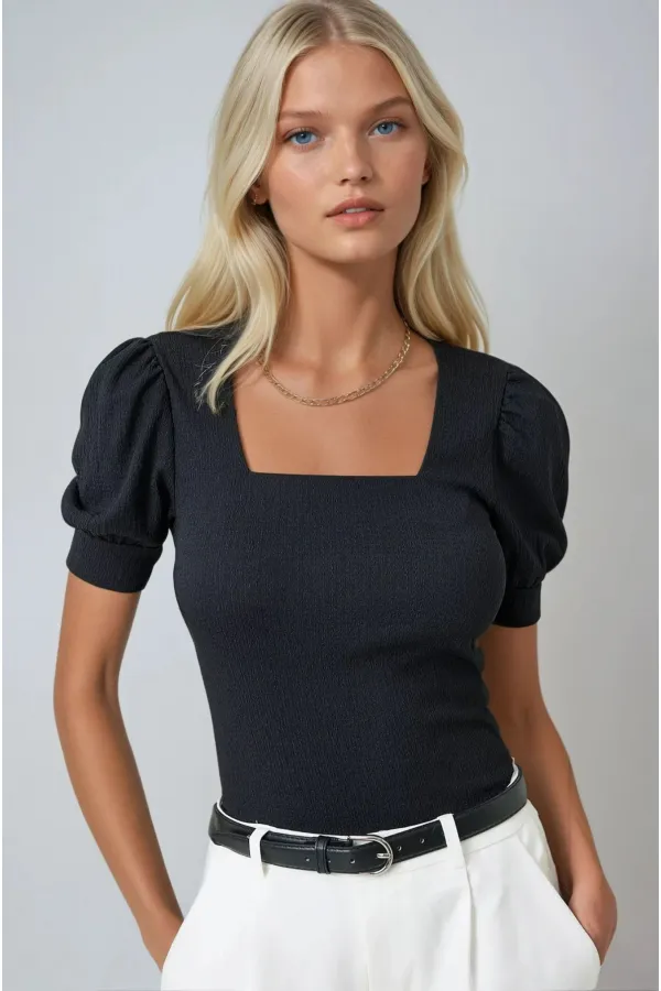 Kadın Siyah Kare Yaka Örme Bluz HZL22W-BD104091