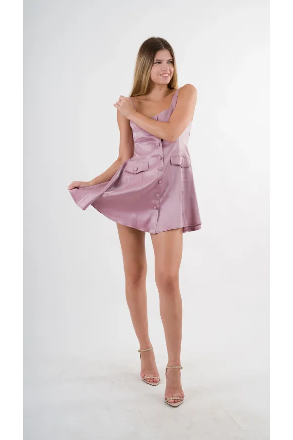 Kadın Gül Kurusu Askılı Önden Düğmeli Cepli Beli Lastikli Şortlu Elbise HZL24S-YY197
