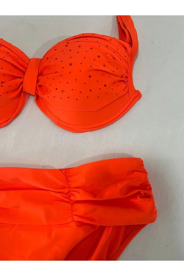 Women's Orange Stone Embroidered Lined Plus Size Bikini Set HZL25S-LC01