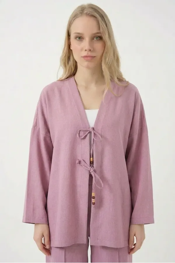 Kadın Gül Kurusu Keten Bağlama Detaylı Kimono Pantolon İkili Takım HZL26S-BD167271 Kadın Gül Kurusu Keten Bağlama Detaylı Kimono Pantolon İkili Takım HZL26S-BD167271