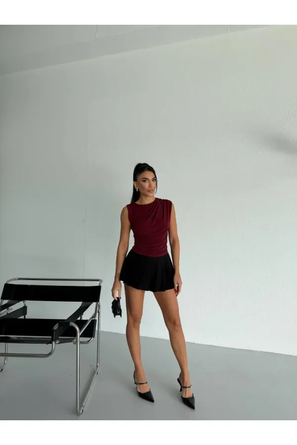 Kadın Bordo Büzgülü Kolsuz Sandy Bluz HZL26W-FRY122751