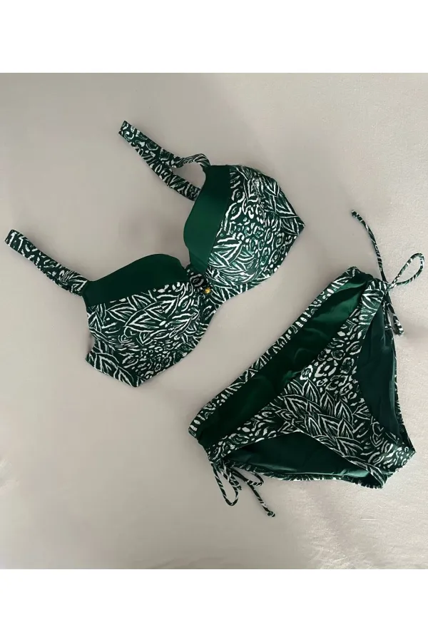 Kadın Yeşil Beyaz Desenli Büyük Beden Astarlı Bikini Takım HZL25S-LC4006