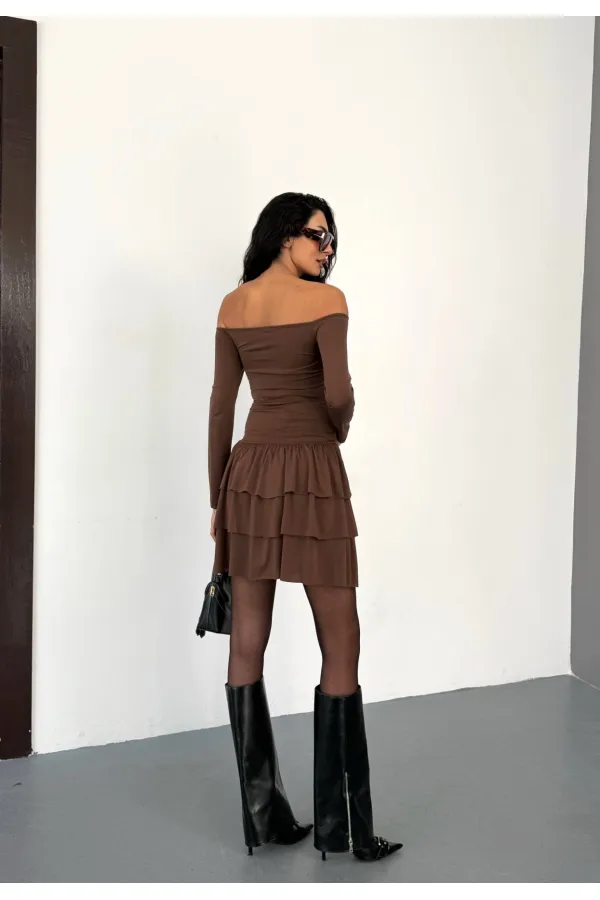 Robe mini marron sans bretelles pour femme, jupe à volants, modèle HZL25W-FRY123581