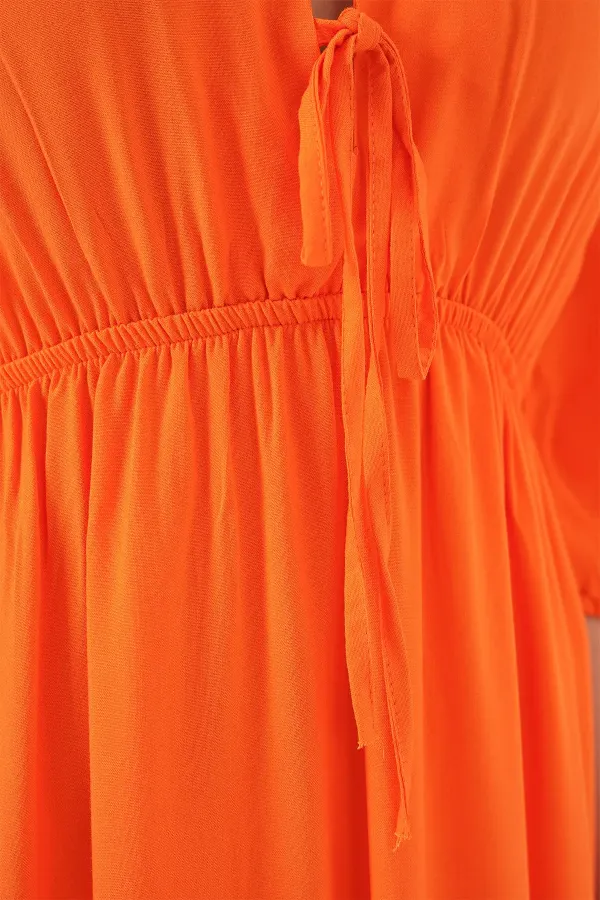 Robe 2570 pour femme, col en V et taille froncée - Orange