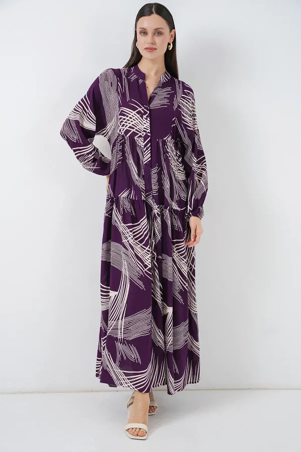 Kadın Desenli Uzun Tesettür Elbise 2585 - Mor