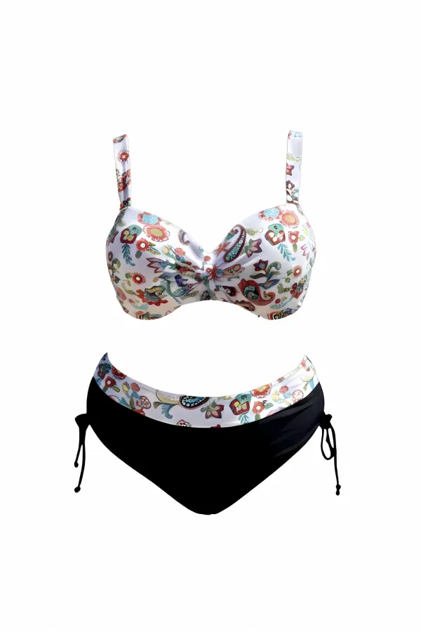Kadın Beyaz Siyah Desenli Yüksel Bel Astarlı Büyük Beden Bikini Takımı HZL25S-LC3339