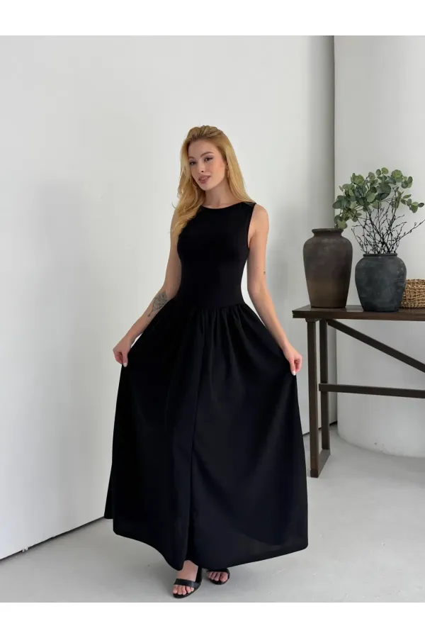 Kadın Siyah Bisiklet Yaka Üstü Esnek Viskon Alt Geniş Poplin Dokuma Kolsuz Elbise HZL26W-DSB1221