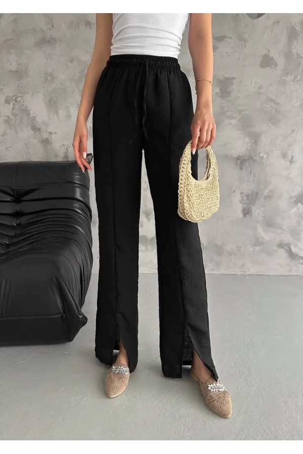 Kadın Siyah Lastikli Bel Yırtmaç Detaylı Cepsiz İthal Keten Astarsız Pantolon HZL24S-FRY121941