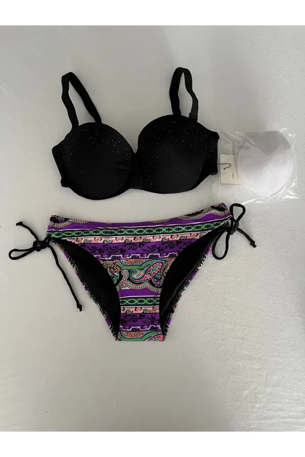 Kadın Siyah Taş İşlemeli Desenli 3 Parça Etekli Bikini Takım HZL25S-LC3326