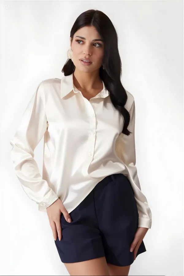 Kadın Krem Hafif Dökümlü Saten Yüzeyli Gömlek Hzl22w-bd139641