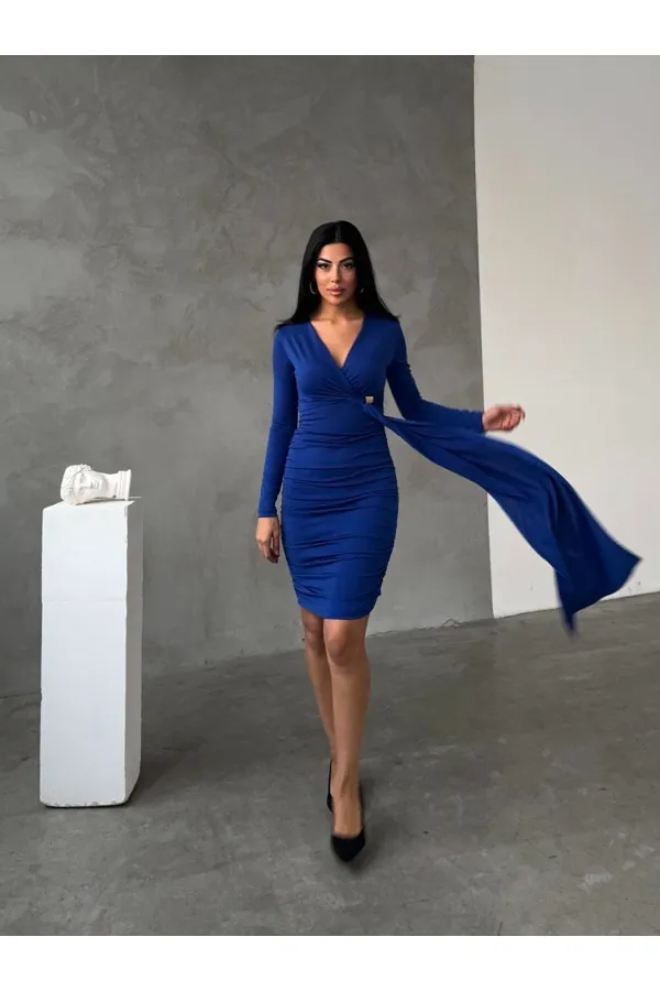 Kadın Saks Mavi V Yaka Toka Ve Büzgü Detaylı Elbise HZL25W-FRY122611