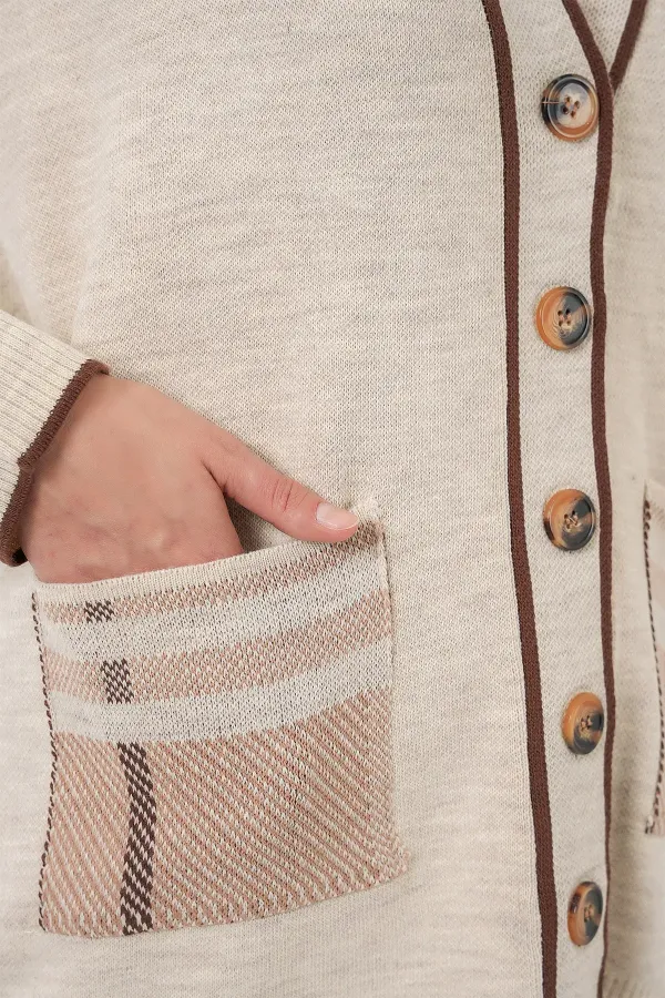 Ensemble deux pièces cardigan en maille à poches pour femme 15964 - Écru