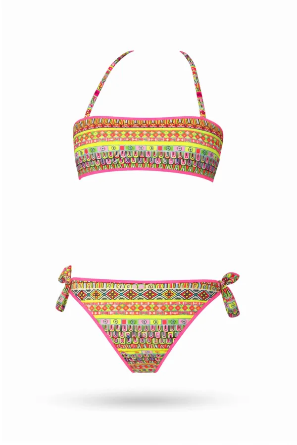 Girls' Salmon Neon Yellow Multicolored Lined Strapless Bikini Set for Ages 4-12 HZL24S-LC6355