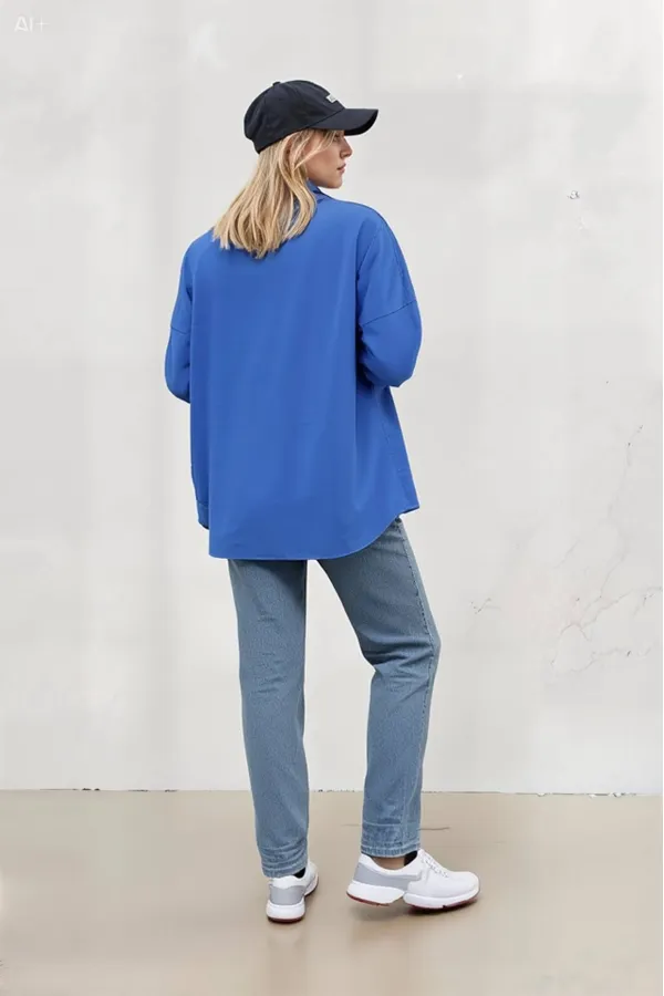 Kadın Mavi Oversize Uzun Basic Gömlek HZL22W-BD139001