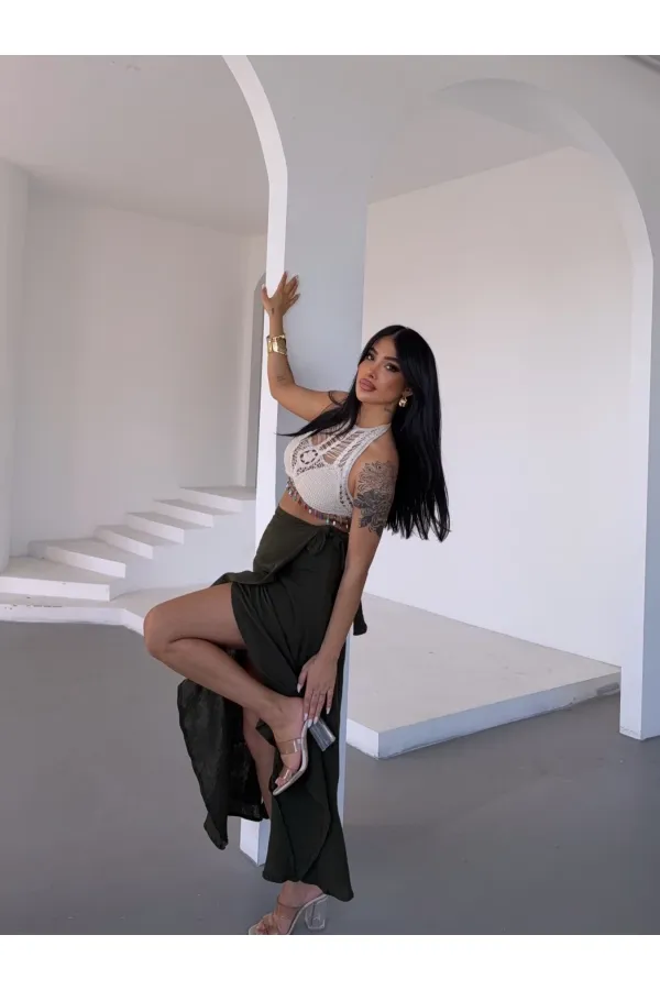 Kadım Haki Belden Bağlamalı Asimetrik Müslin Etek HZL25S-DSB117801