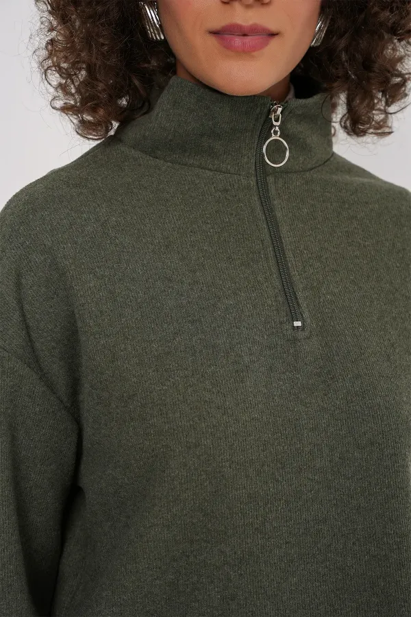55449 Zip-Up Collar Knitted Sweatshirt - Khaki