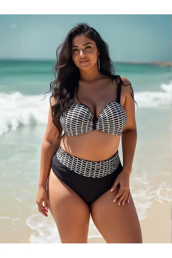 Kadın Beyaz Zincir Desenli Büyük Beden Astarlı Siyah Bikini Takım HZL25S-LC3303