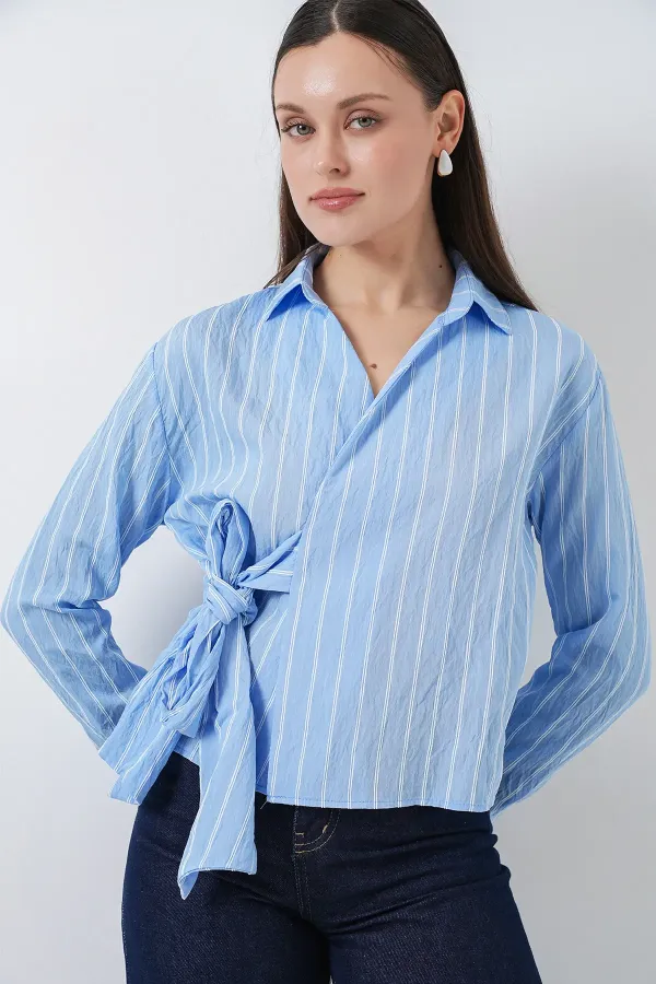 Women's Front Tie Striped Shirt 20362 - Blue