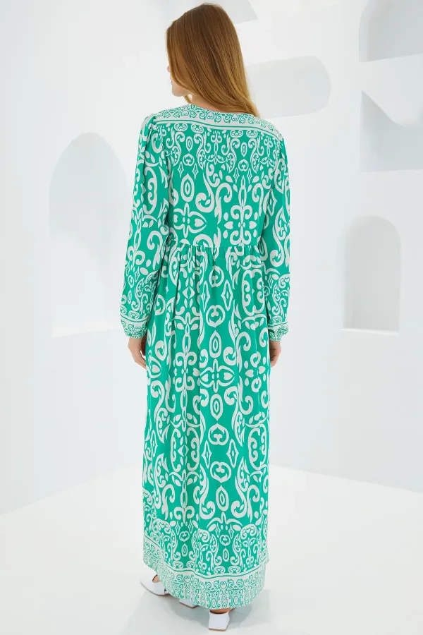 Robe longue en viscose à motifs verts et blanc cassé pour femme, 1947