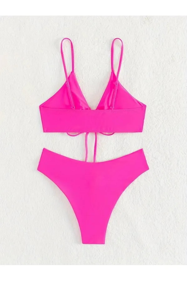 Kadın Neon Pembe İp Detaylı Astarlı V Kesim Üçgen Bikini Takım HZL24S-LC2234