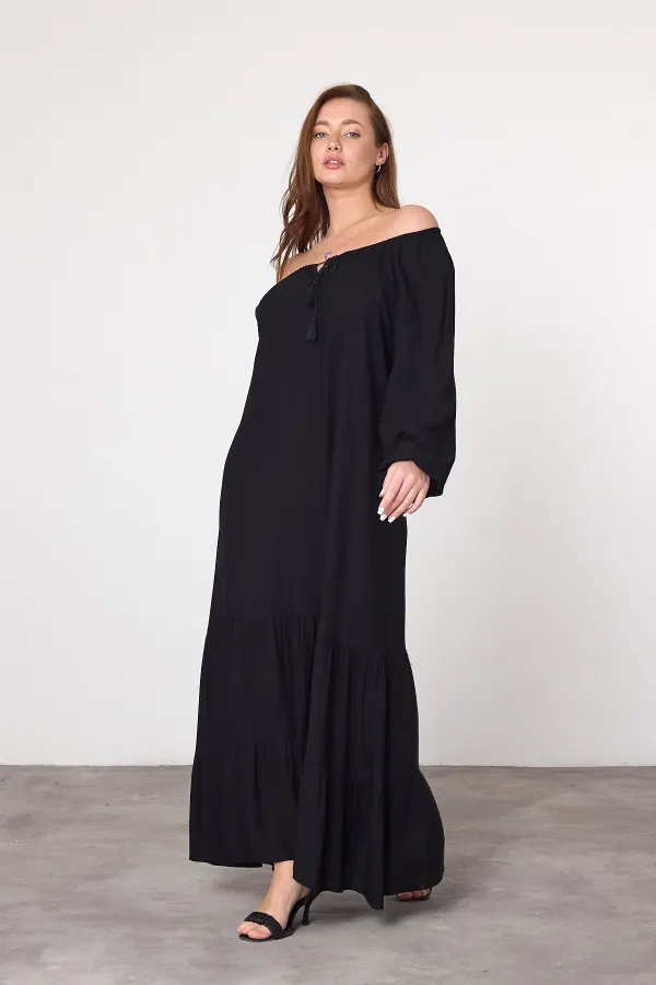 Kadın Siyah Madonna Yaka Kolu Lastikli Uzun Viskon Elbise HZL25S-VM10331