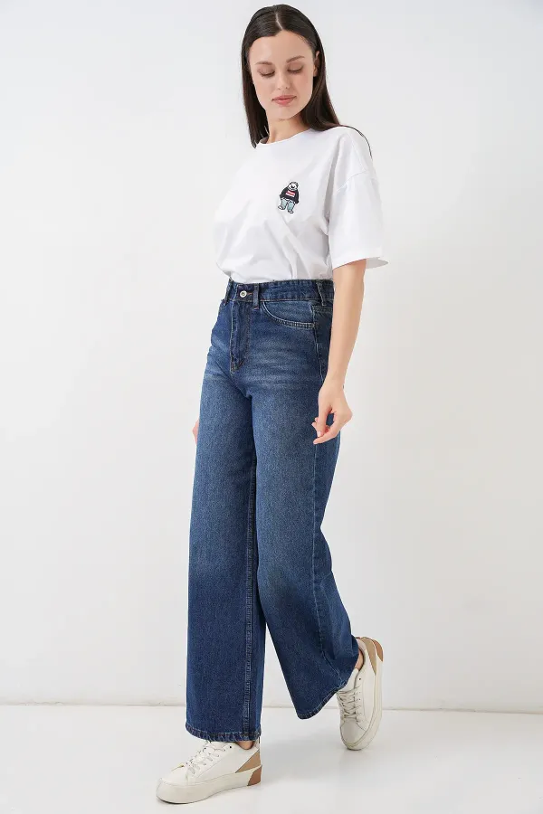 Women's Wide Leg High Waist Palazzo Jeans 6656 - Navy Blue
