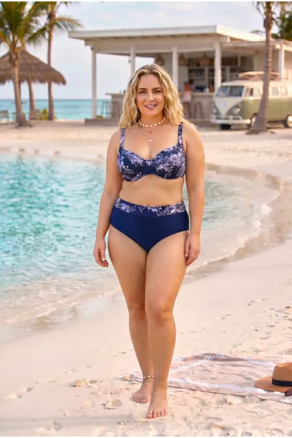 Women's Navy Blue Plus Size Baroque Pattern High Waist Shaping Bikini Set HZL26S-LC6138-2 Women's Navy Blue Plus Size Baroque Pattern High Waist Shaping Bikini Set HZL26S-LC6138-2
