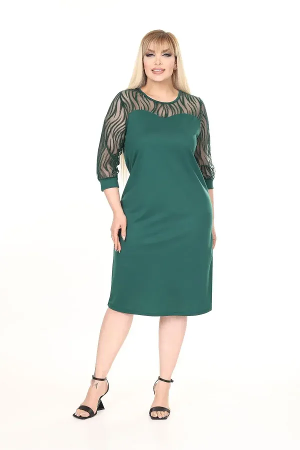 Kadın Zümrüt Yeşil Büyük Beden Flok Kol Elbise HZL26S-PR11161