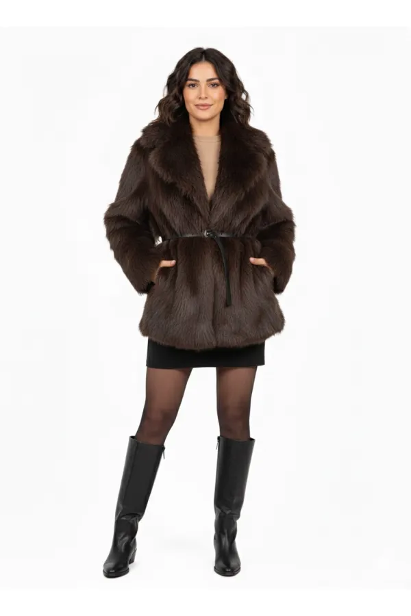 Manteau en fourrure peluche marron pour femme, doublé et détaillé, avec ceinture HZL25W-BD191561