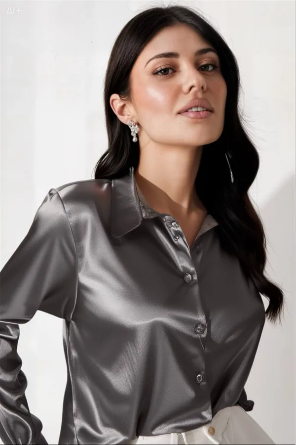 Kadın Antrasit Hafif Dökümlü Saten Yüzeyli Gömlek Hzl22w-bd139641