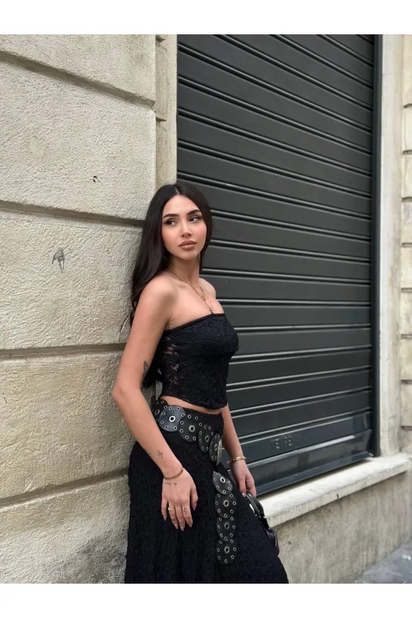 Kadın Siyah Astarlı Dantel Straplez Bluz HZL25S-ZK11251